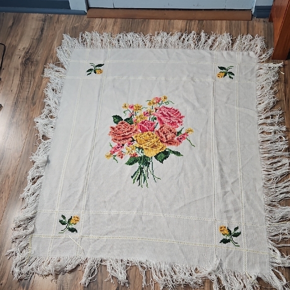 Handmade Other - Vintage Handmade Cross-stitched Floral Table Runner Table Topper